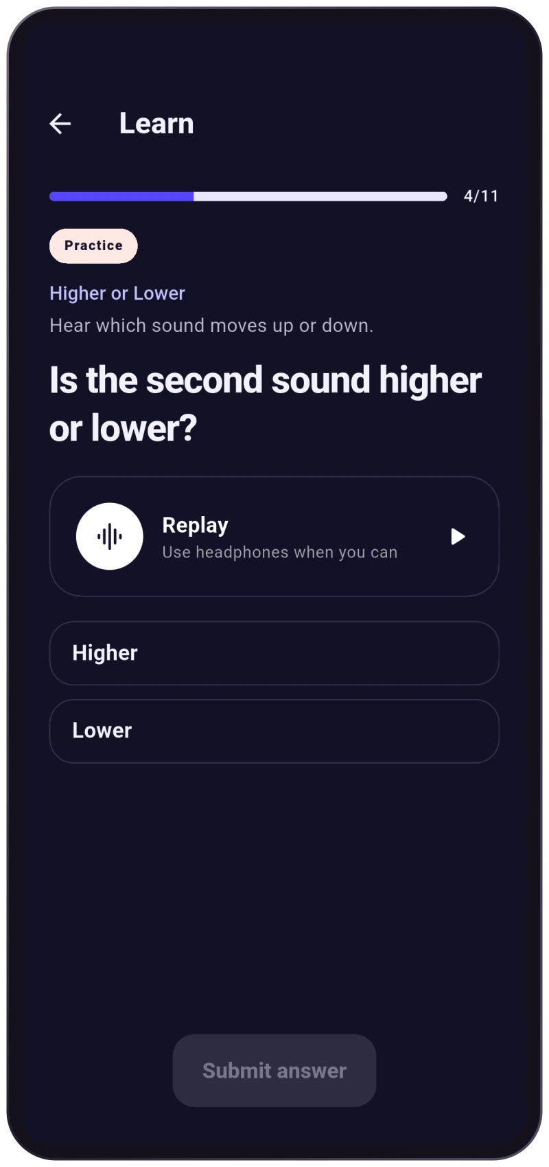 Earmonic Higher or Lower question with replay and answer controls