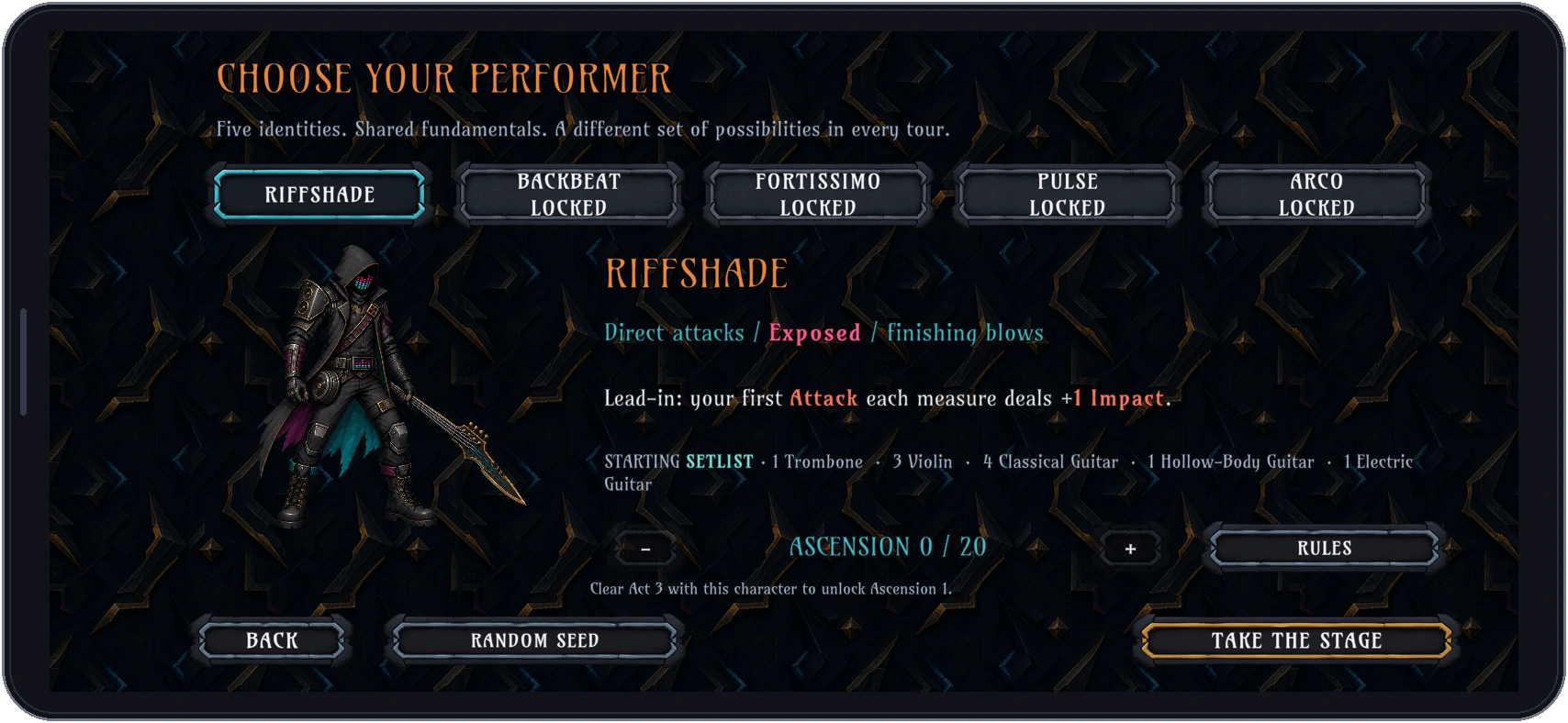 Riffshade selected on the performer screen, with his starting play style and deck.